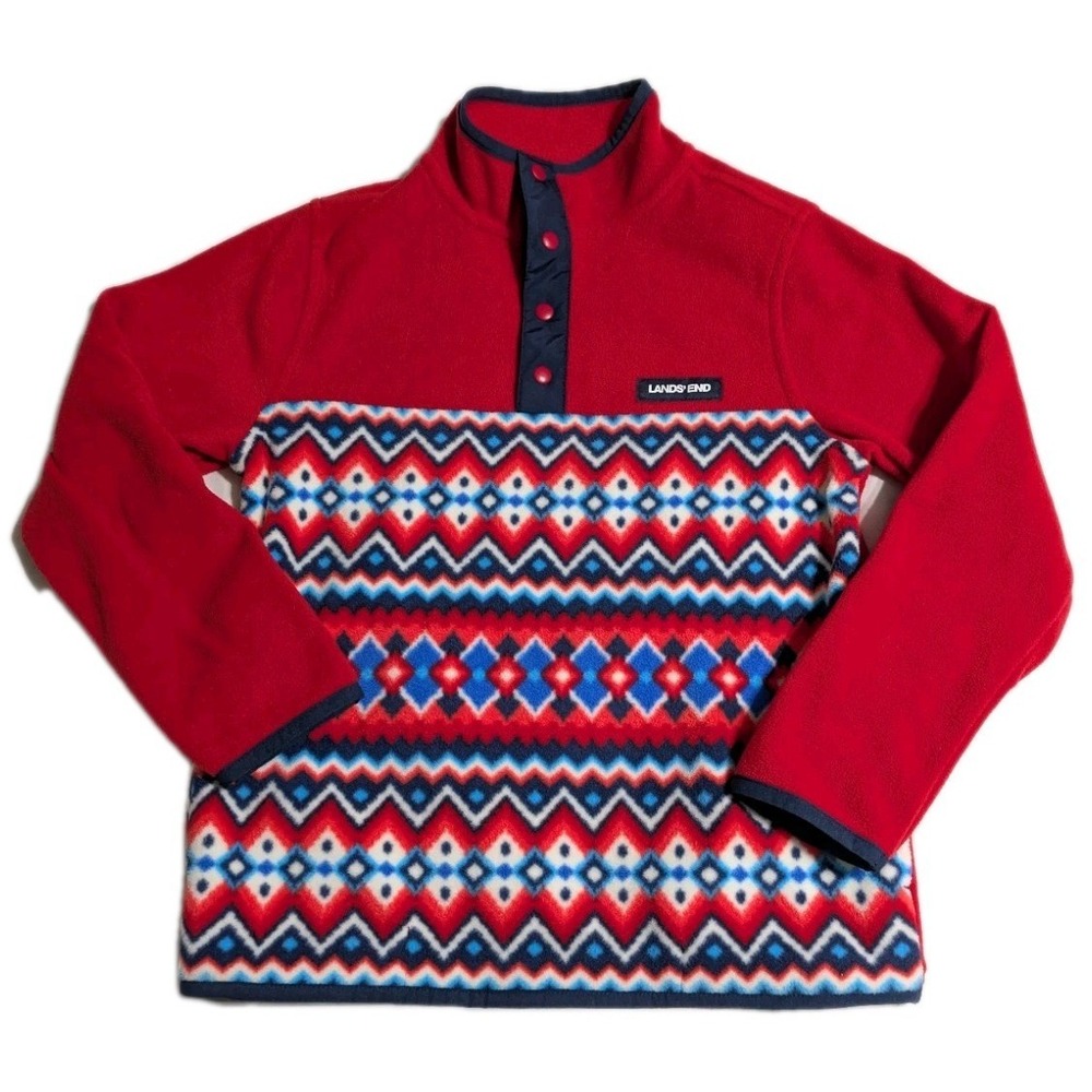 Lands End Fleece Snap Pullover Womens M Red Fair Isle Southwest Print‎ Jacket